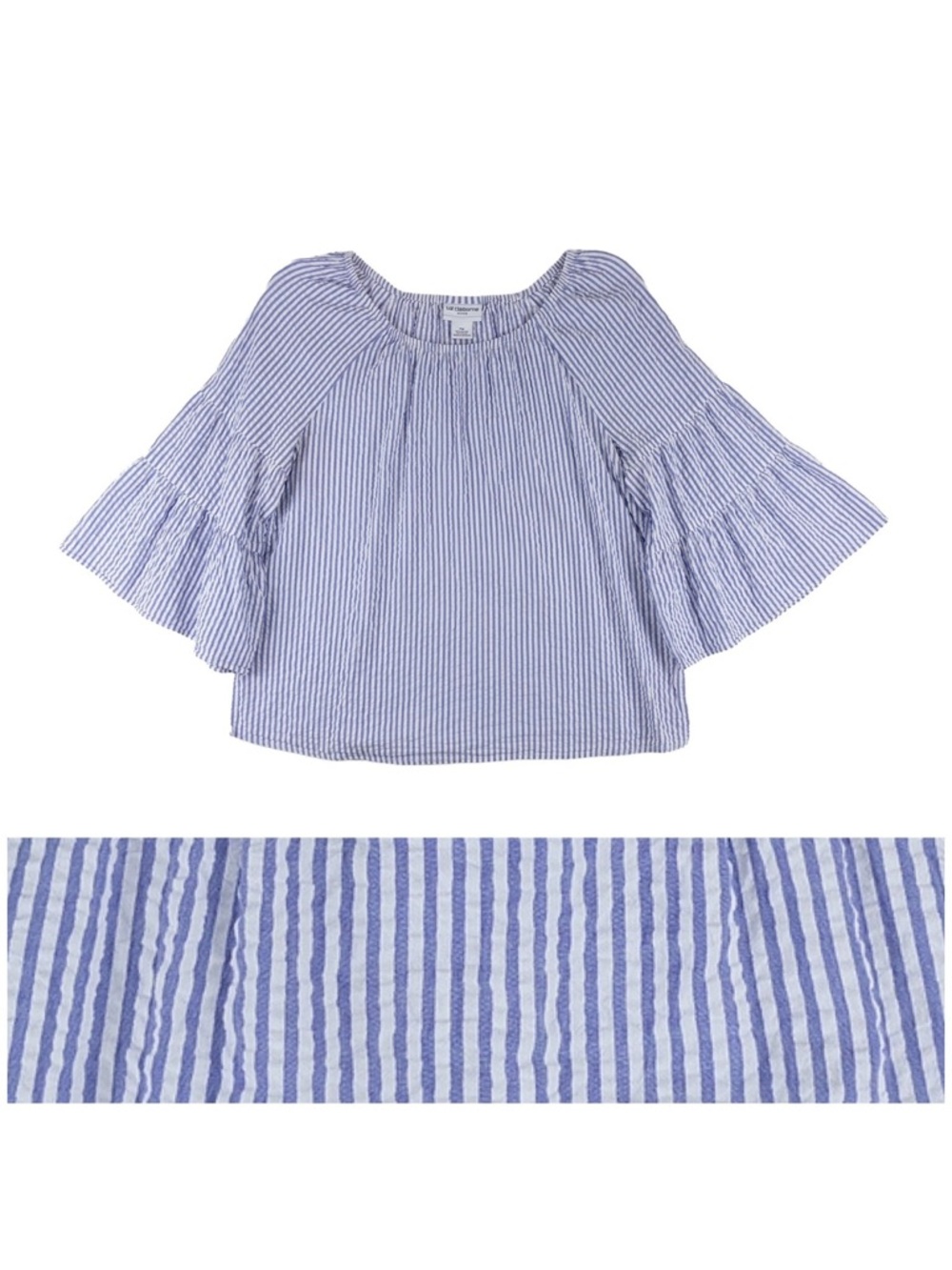 Blue and White Striped Seersucker Peasant Tunic w Bell Sleeves Medium